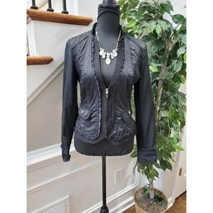 Women's Solid Black Polyester Long Sleeve Front Zip Casual Fitted Jacket Size 0